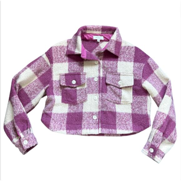 Mable Micah Brushed Fuzzy Textured Pink Plaid Crop Button Down Jacket size Small - Picture 1 of 11